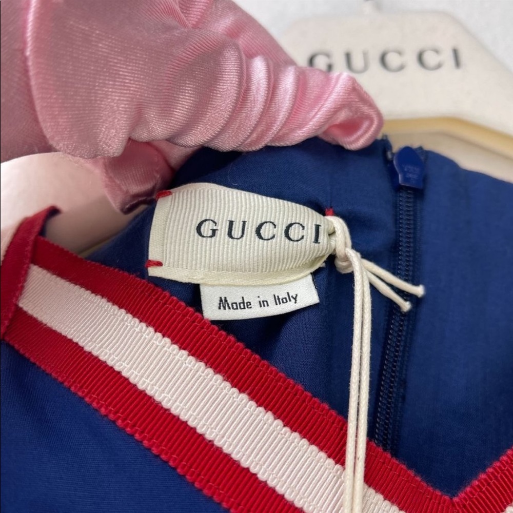 NWT GUCCI DRESS IN BLUE pleated stripe-trim - Picture 8 of 13